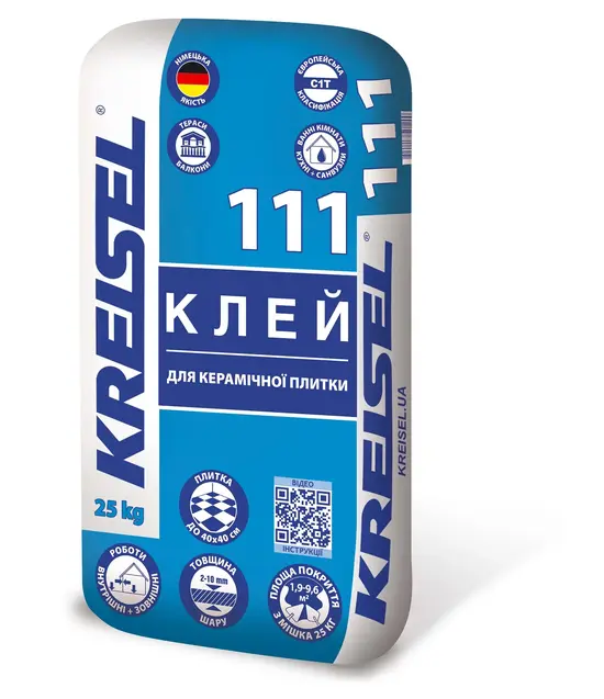 7ddf0690064211f0b7de901b0ecd7ae4_67aab2c4059a11f1b80cb42e99ccff36 111 KREISEL Клей для керамічної плитки (роботи внутрішні та зовнішні), 25 кг - Зображення 1