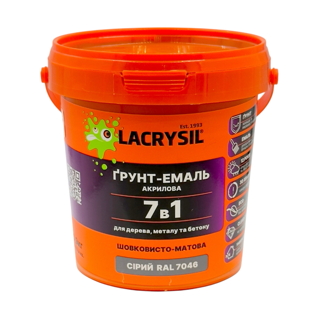 afbc4ff83d6211f1b80cb42e99ccff36_3d6b159a665411f1b80fb42e99ccff36 Ґрунт-емаль LACRYSIL 7в1 (дерево, метал та бетон) акрилова RAL 7046 сірий, 0,9кг - Зображення 1